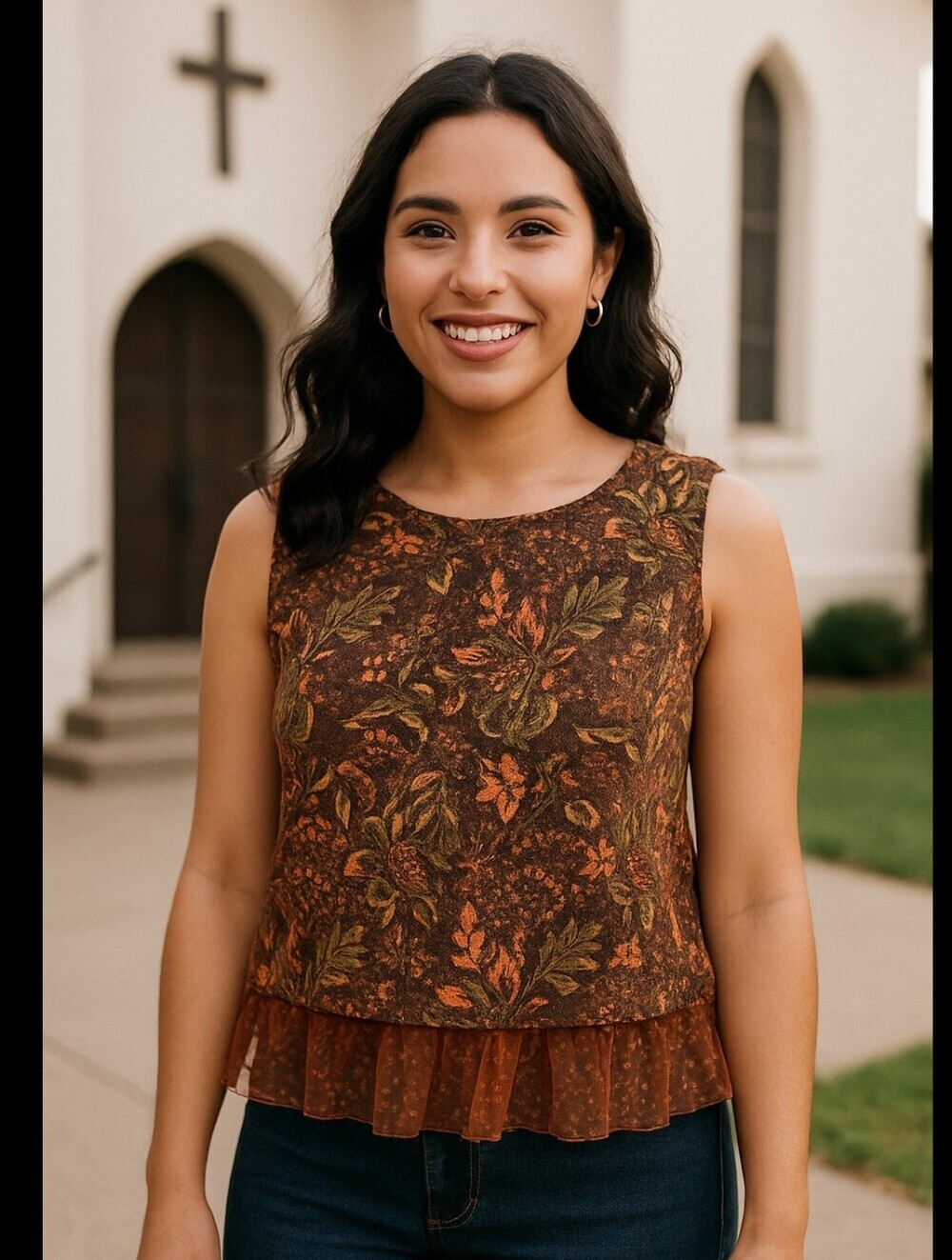 Anthropologie Eva Franco Rust Jacquard Floral Sleeveless Tulle Hem Top XS Sz